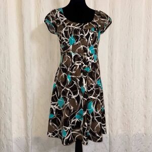 IZ Byer California Dress Brown Teal White Geometric Mod Y2K Empire Waist Medium